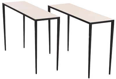 PAIR OF IRON AND PARCHMENT CONSOLE TABLES IN THE MANNER OF JEAN-MICHEL FRANK. Pair of iron and 