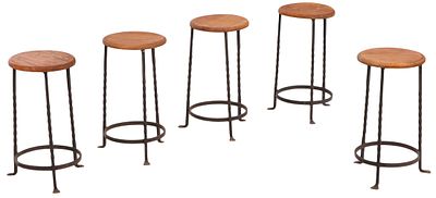 FIVE MATCHING FRENCH WOOD AND TWISTED IRON STOOLS C 1960. Five matching French wood and 