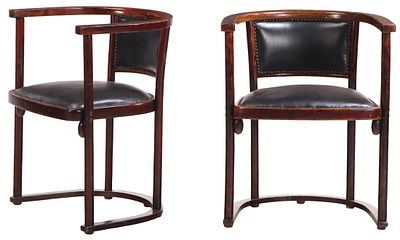PAIR OF WOOD AND LEATHER ARM CHAIRS LABELED THONET C 1910. Pair of wood and leather arm chairs 