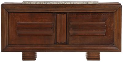 FRENCH OAK AND MARBLE SIDEBOARD C 1940 IN THE MANNER OF CHARLES DUDOUYT. French oak and marble 