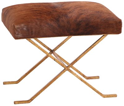 GILT IRON AND COW HIDE STOOL IN THE MANNER OF JEAN-MICHEL FRANK. Gilt iron and cow hide stool 