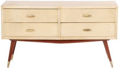 A FOUR DRAWER PARCHMENT COVERED DRESSER ON WOODEN LEGS C 1950. A four drawer parchment covered 