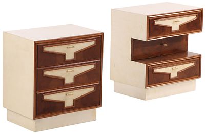 PAIR OF BURL WALNUT AND PARCHMENT COVERED NIGHT STANDS C 1955. Pair of burl walnut and 