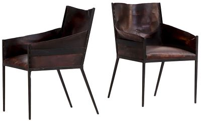PAIR OF IRON AND LEATHER ARM CHAIRS IN THE MANNER OF JEAN-MICHEL FRANK. Pair of iron and 