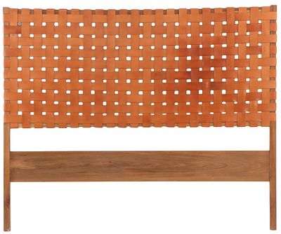 A WOOD AND STRAP WORK LEATHER FULL SIZE HEAD BOARD. A wood and strap work leather full size 