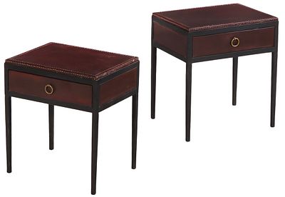 PAINTED IRON AND LEATHER END TABLES HAVING A SINGLE DRAWER IN THE MANNER OF JEAN-MICHEL FRANK. P 
