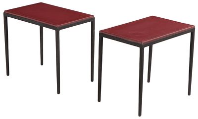PAINTED IRON AND LEATHER END TABLES IN THE MANNER OF JEAN-MICHEL FRANK. Painted iron and 