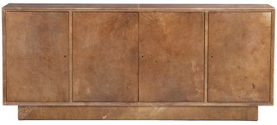 PARCHMENT COVERED FOUR DOOR SIDEBOARD HAVING A RECESSED BASE C 1950. Parchment covered four 