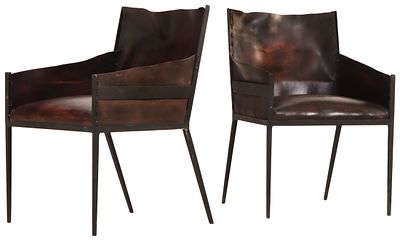 PAIR OF PAINTED IRON AND LEATHER ARM CHAIRS IN THE MANNER OF JEAN-MICHEL FRANK. Pair of painted 