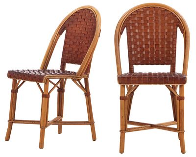 PAIR RATTAN AND WOVEN LEATHER SIDE CHAIRS C 1950. Pair rattan and woven leather side chairs C 