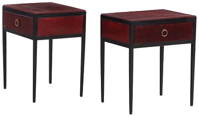 PAINTED IRON AND LEATHER END TABLES HAVING A SINGLE DRAWER IN THE MANNER OF JEAN-MICHEL FRANK. P 