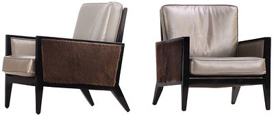 PAIR OF LACQUERED AND LEATHER LOUNGE CHAIRS WITH FUR PANELS. Pair of lacquered and leather 