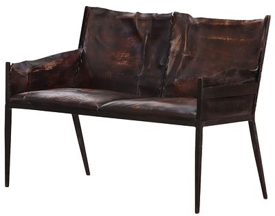 TWO SEAT IRON AND LEATHER SETTEE IN THE MANNER OF JEAN-MICHEL FRANK. Two seat iron and leather 
