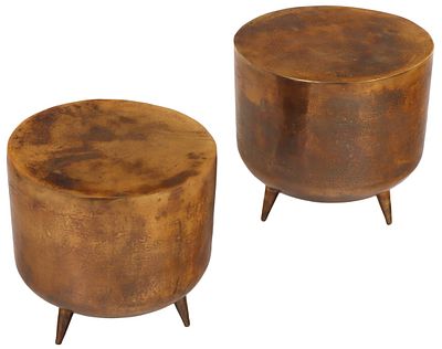 PAIR OF CAST ALUMINUM DRUM FORM END TABLES HAVING A COPPER WASH. Pair of cast aluminum drum 