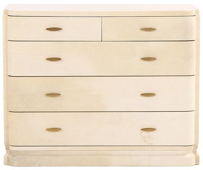 ART DECO STYLE PARCHMENT COVERED DRESSER HAVING TWO OVER THREE DRAWER CONFIGURATION C 1940 IN THE. 
