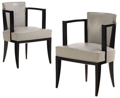 PAIR FRENCH EBONIZED AND LEATHER UPHOLSTERED ARM CHAIRS C 1940. Pair French ebonized and leather 