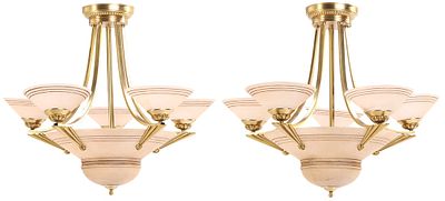 PAIR BRASS AND ALABASTER ART DECO STYLE FIVE ARM CHANDELIERS. Pair brass and alabaster Art Deco 