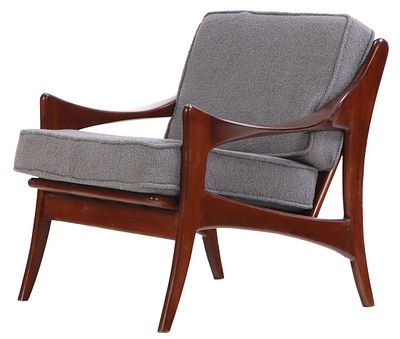ROSEWOOD OPEN ARM CHAIR HAVING DOWN SWEPT ARMS AND NEW FABRIC. Rosewood open arm chair having 