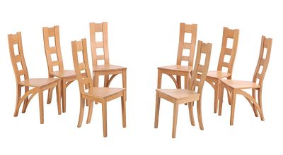 EIGHT MODERN SOLID OAK TALL BACK DINING CHAIRS. Eight modern solid oak tall back dining chairs 