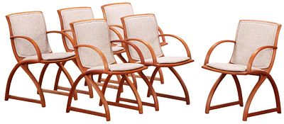 SIX SWEDISH BENTWOOD UPHOLSTERED ARM CHAIRS C 1985. Six Swedish bentwood upholstered arm chairs 