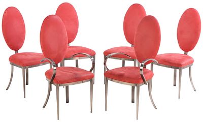 SIX DESIGN INSTITUTE OF AMERICA ALUMINUM AND UPHOLSTERED DINING CHAIRS WITH OVAL BACKS. Six 