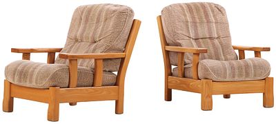 PAIR OF FRENCH ELM ARM CHAIRS WITH LOOSE CUSHION UPHOLSTERY C 1960. Pair of French elm arm 