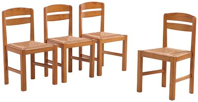FOUR OAK AND RUSH SIDECHAIRS IN THE MANNER OF MAISON REGAIN C 1960. Four oak and rush 