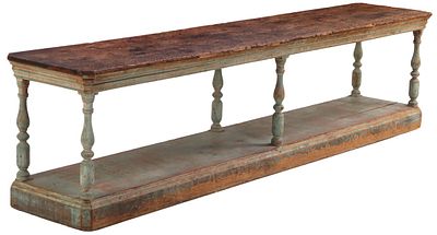 FRENCH DRAPERS TABLE HAVING ELEGANT BALUSTER FORM LEGS IN OLD BLUE PAINT C 1900. French drapers 