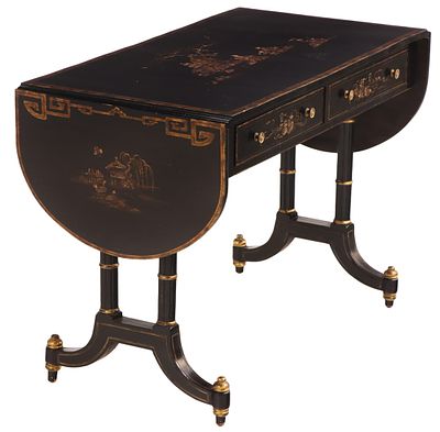 CHINOISERIE DECORATED DROPLEAF SOFA TABLE HAVING FAUX BAMBOO UPRIGHTS AND TWO DRAWERS C 1945. Ch 