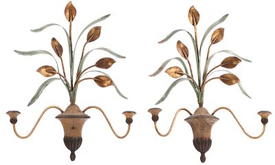 PAIR OF PAINTED AND IRON AND GESSO PAINTED ITALIAN WALL SCONCES C 1960. Pair of painted and 