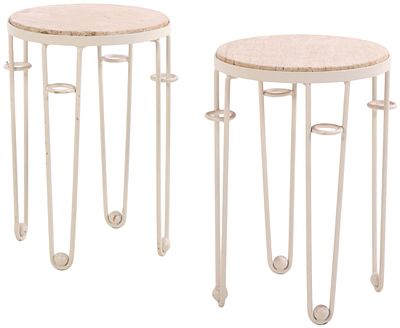PAIR OF PAINTED IRON TABLES HAVING INSET MARBLE TOPS IN THE MANNER OF JEAN ROYERE. Pair of 