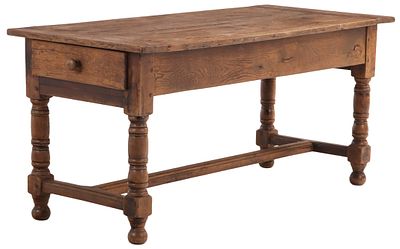EIGHTEENTH CENTURY FRENCH FARM TABLE WITH STRETCHER BASE AND TURNED LEGS,. Eighteenth century 
