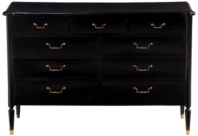 THREE OVER SIX DRAWER LOUIS XVI STYLE EBONIZED DRESSER WITH BRASS HARDWARE C 1950. Three over 