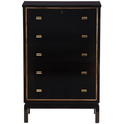 FIVE DRAWER EBONIZED MAHOGANY TALL CHEST WITH GILT HIGHLIGHTS AND BRASS HARDWARE. Five drawer 