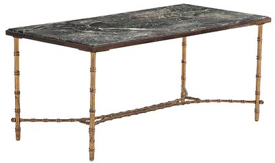 FRENCH FAUX BAMBOO BRASS AND MARBLE COFFEE TABLE C 1960. French faux bamboo brass and marble 