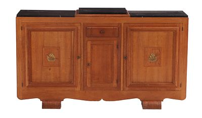 FRENCH ART DECO OAK SIDEBOARD HAVING MARBLE TOPS AND BRONZE SHIP DECORATION C 1940. French Art 