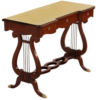 MAHOGANY LYRE FORM CONSOLE TABLE HAVING THREE DRAWERS AND INSET GOLD GILT GLASS TOP ATTRIBUTED. M 