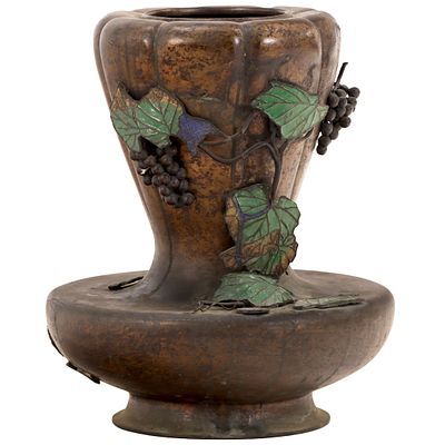 A SIGNED JAPANESE BRONZE VASE WITH GRAPES. A signed Japanese bronze vase with grapes. Ht: 