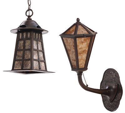 TWO ARTS AND CRAFTS HAMMERED COPPER LIGHT FIXTURES WITH RECENT AMBER MICA PANELS, INCLUDES A WALL. 