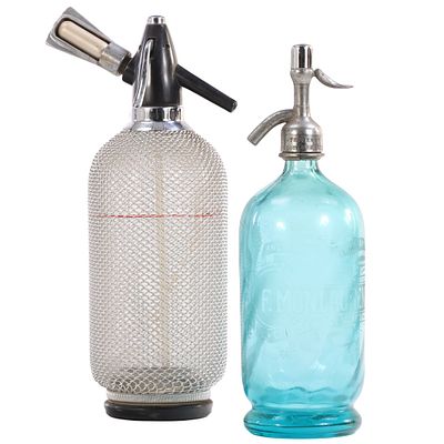TWO VINTAGE SELTZER BOTTLES. Two vintage seltzer bottles Blue bottle- Ht: 13", Wd: 4", Dpth: 4". 