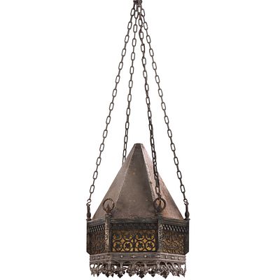 GOTHIC STYLE HANGING PENDANT LIGHT FIXTURE, METAL CONSTRUCTION WITH GLASS PANELS. Gothic style 