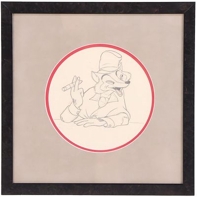 ORIGINAL WALT DISNEY'S PINOCCHIO PRODUCTION DRAWING OF J. WORTHINGTON FOULFELLOW, BLACK AND. Orig 