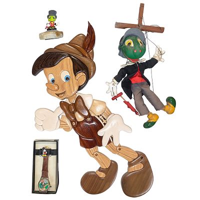 DISNEY'S PINOCCHIO COLLECTIBLES INCLUDES PELHAM & BOB BARKER JIMINY CRICKET MARIONETTES, WATCHES,. 