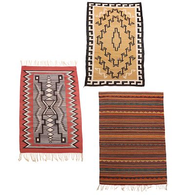 THREE NAVAJO RUGS C 1980. Three Navajo rugs C 1980 Red rug- Ht: 41", Wd: 71". Yellow rug- Ht: 