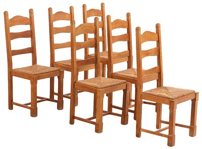 SIX FRENCH OAK AND RUSH SEAT DINING CHAIRS C 1960. Six French oak and rush seat dining chairs C 
