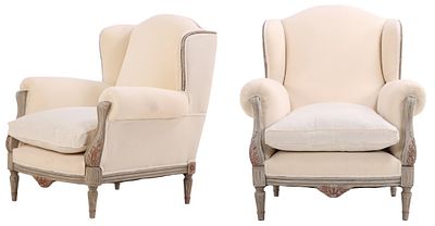 PAIR OF GREY PAINTED FRENCH LOUIS XVI STYLE BERGERE CHAIRS C 1950 WITH RECENT MUSLIN. Pair of 