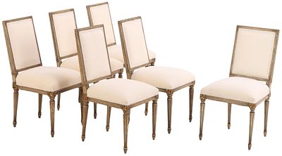 SIX FRENCH LOUIS XVI STYLE PAINTED AND GILTWOOD DINING CHAIRS C 1950 WITH RECENT MUSLIN. Six 