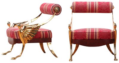 A PAIR OF BRASS WINGED UPHOLSTERED CHAIRS IN THE STYLE OF MARK BRAZIER-JONES "SON OF ATLANTIS". A 