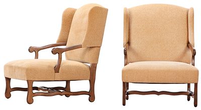 PAIR OF LARGE SCALE PROVINCIAL STYLE UPHOLSTERED OPEN ARM CHAIRS. Pair of large scale 
