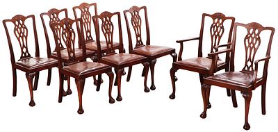 EIGHT SOLID MAHOGANY CHIPPENDALE STYLE DINING CHAIRS WITH BALL AND CLAW FEET C 1930. Eight 